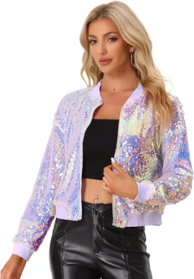 Allegra K Women's Sequin Jacket Long Sleeve Zipper Shiny Glitter Tops Sparkly Shirts Casual Bomber Jackets