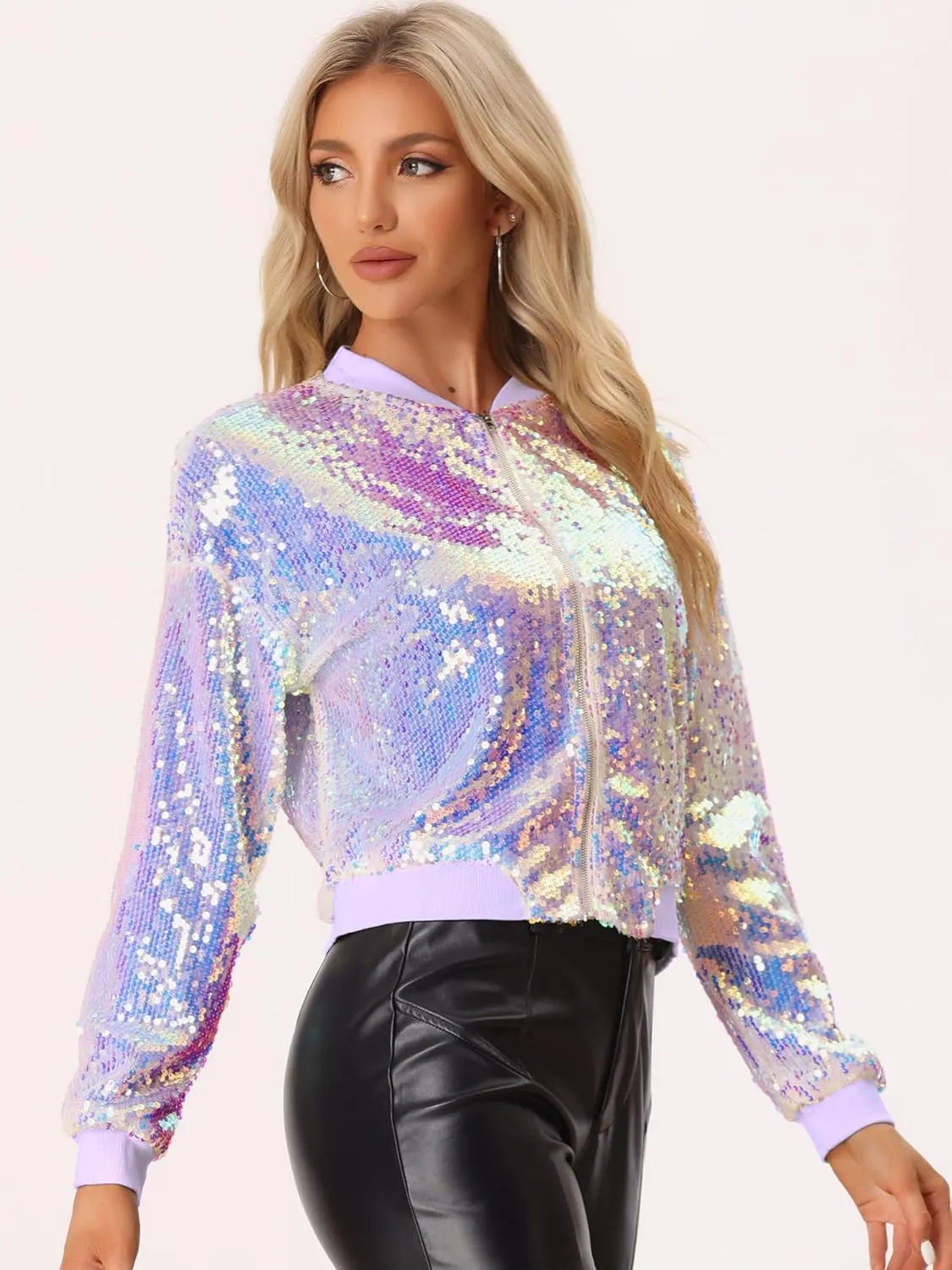 Allegra K Women's Sequin Jacket Long Sleeve Zipper Shiny Glitter Tops Sparkly Shirts Casual Bomber Jackets