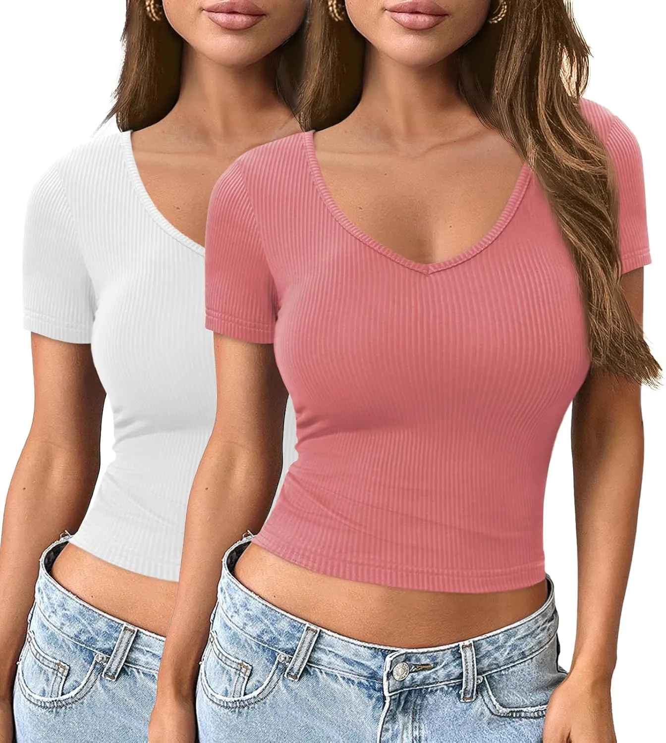 Crop Tops for Women V Neck Rib Knit Short Sleeve T Shirts Slim Fit Spring Summer Y2k Basic Tee 2 Pack Trendy 2025