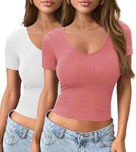 Crop Tops for Women V Neck Rib Knit Short Sleeve T Shirts Slim Fit Spring Summer Y2k Basic Tee 2 Pack Trendy 2025