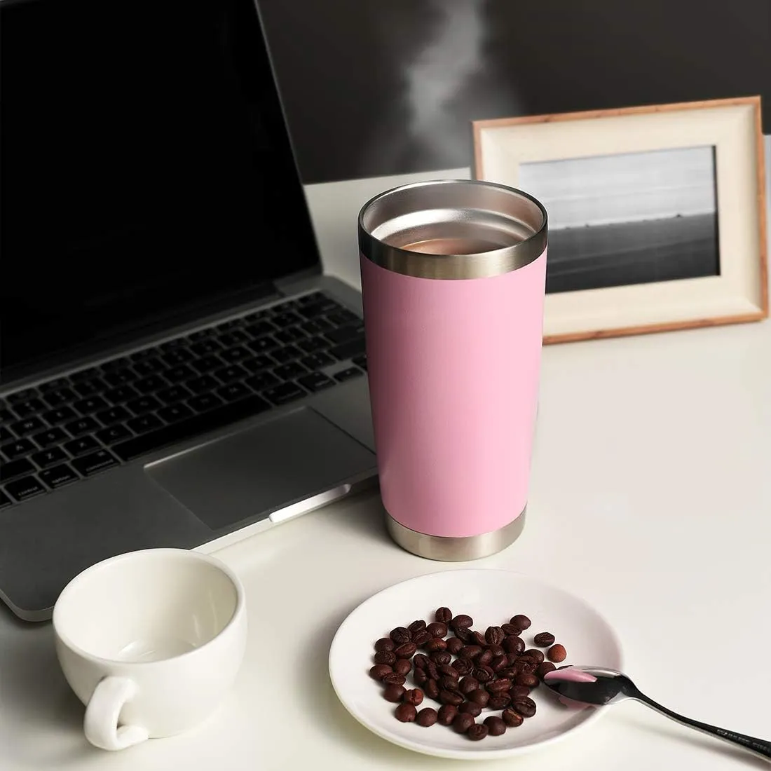 DOMICARE 20oz Stainless Steel Tumbler Bulk with Lid, Double Wall Vacuum Insulated Travel Mug, Powder Coated Coffee Cup, Pink, 1 Pack