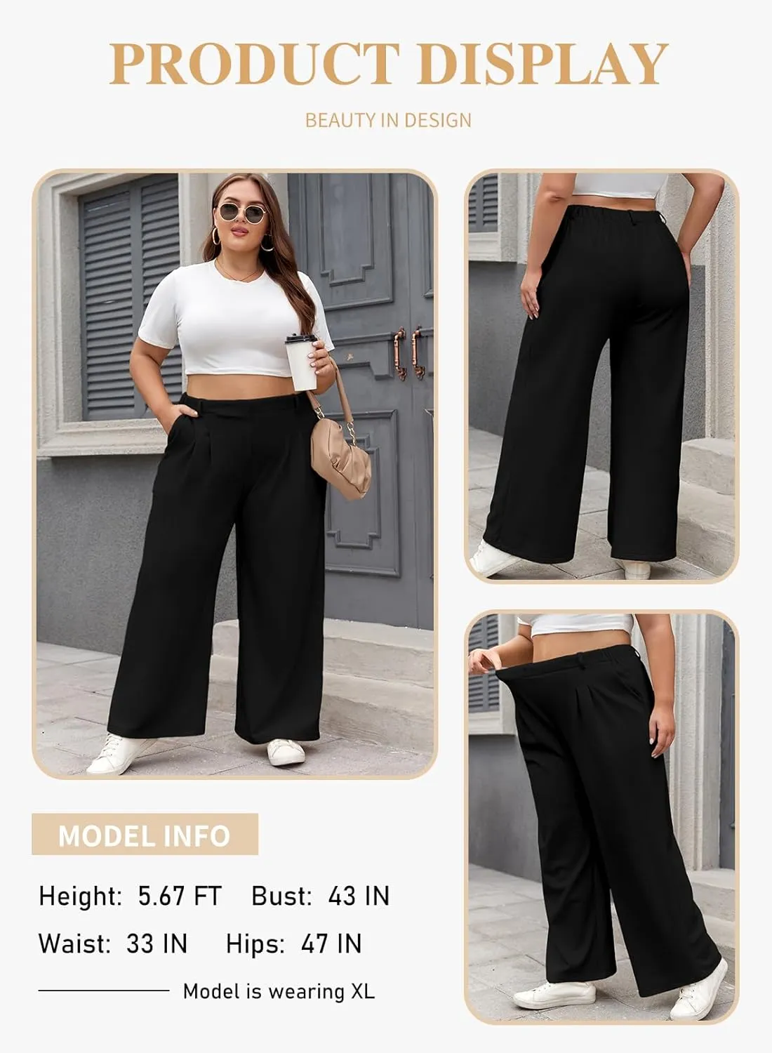 Eytino Womens Plus Size Wide Leg Dress Pants Elastic High Waisted Casual Waffle Palazzo Pants Trousers with Pockets(1X-5X)