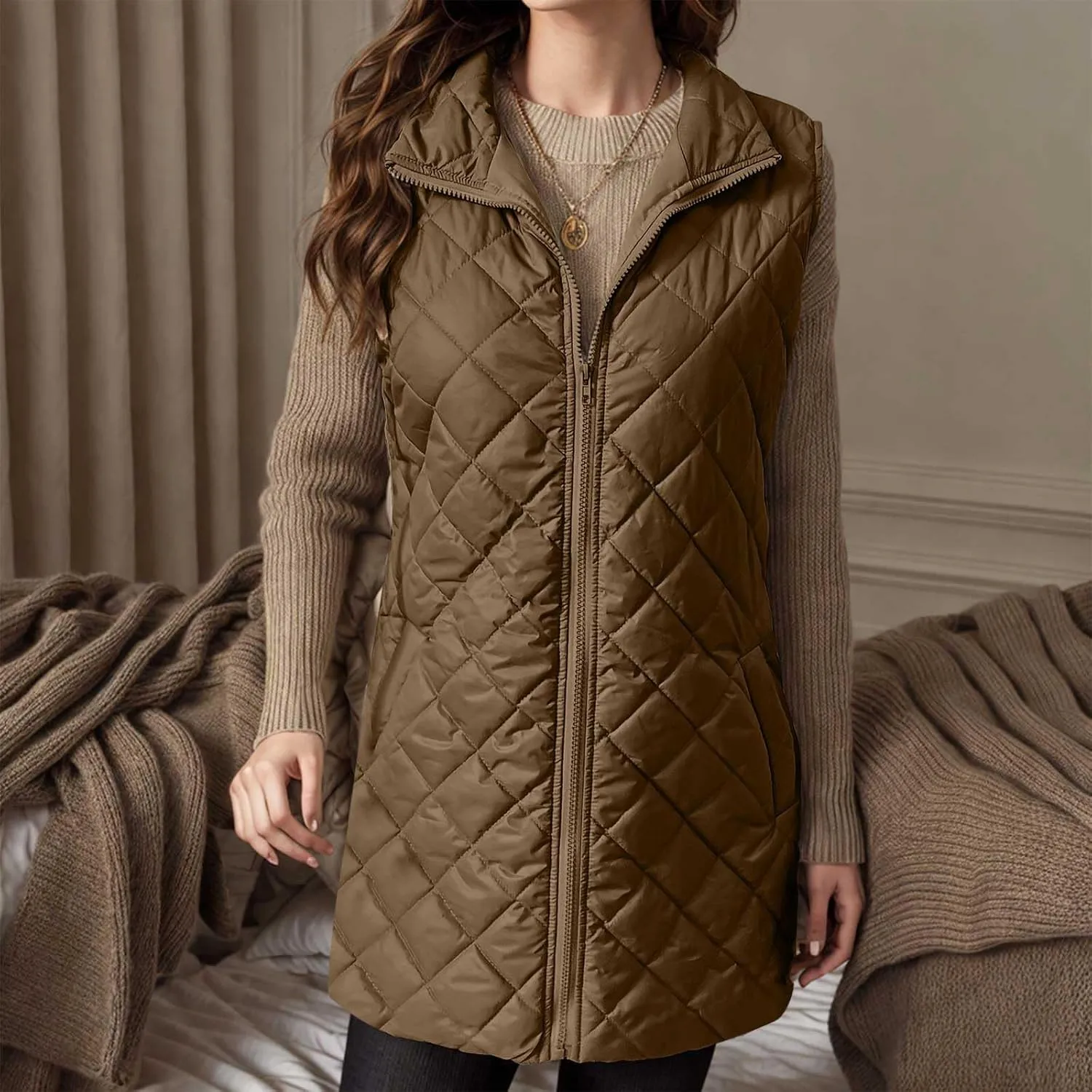 fartey Quilted Vest Women 2024 Sleeveless Puffer Vest Jackets Zip Up Stand Collar Gilet Coats Outwear Witt Pockets