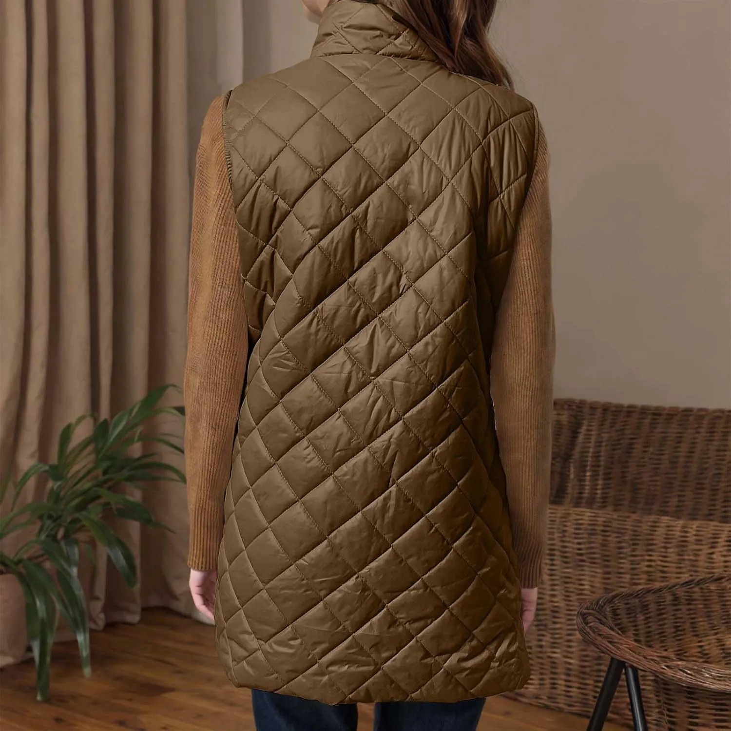 fartey Quilted Vest Women 2024 Sleeveless Puffer Vest Jackets Zip Up Stand Collar Gilet Coats Outwear Witt Pockets
