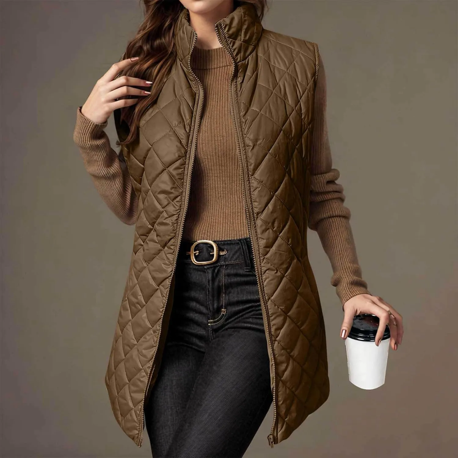 fartey Quilted Vest Women 2024 Sleeveless Puffer Vest Jackets Zip Up Stand Collar Gilet Coats Outwear Witt Pockets