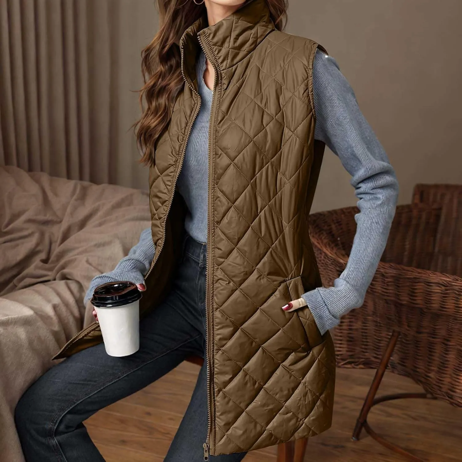 fartey Quilted Vest Women 2024 Sleeveless Puffer Vest Jackets Zip Up Stand Collar Gilet Coats Outwear Witt Pockets