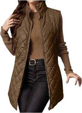 fartey Quilted Vest Women 2024 Sleeveless Puffer Vest Jackets Zip Up Stand Collar Gilet Coats Outwear Witt Pockets