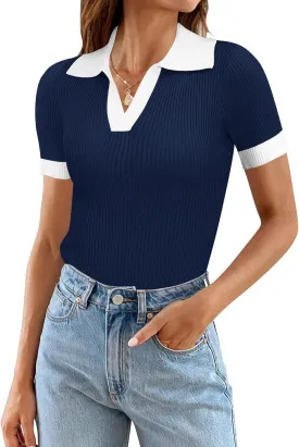 Ivicoer Womens 2025 Summer V Neck Short Sleeve T Shirts Slim Fitted Ribbed Knit Casual Tee Tops
