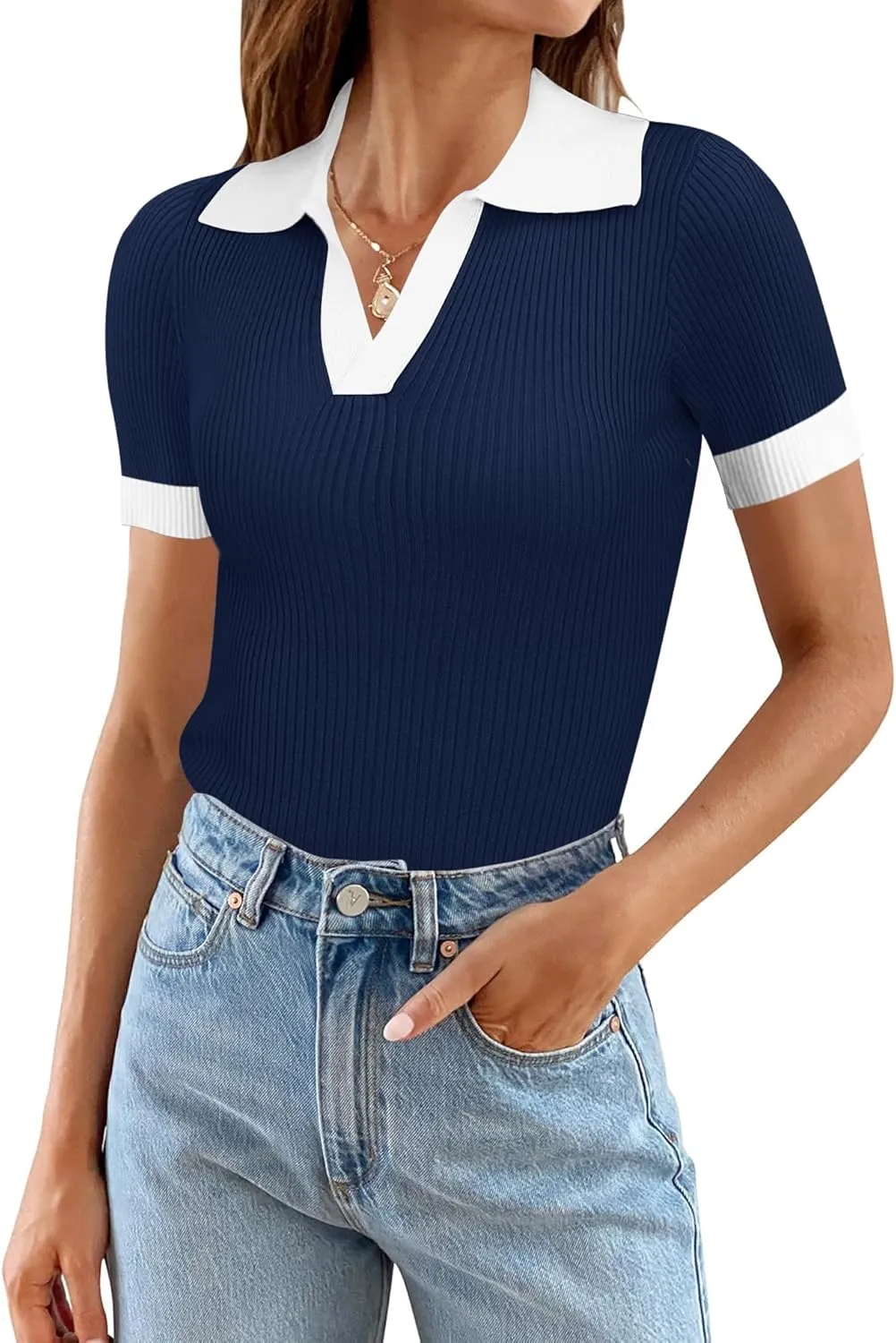 Ivicoer Womens 2025 Summer V Neck Short Sleeve T Shirts Slim Fitted Ribbed Knit Casual Tee Tops