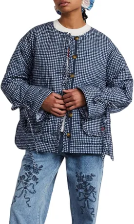 LifeShe Women Plaid Puffer Quilted Jacket Crop Button Up Padded Coats Collarless Winter Coat with Pocket