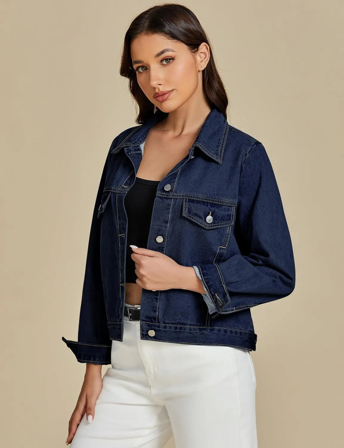 luvamia Denim Jackets for Women Trendy Casual Button Down Relaxed Fit Western Trucker Distressed Jean Jacket with Pocket