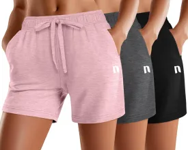Neer 3 Pack Women's Sweat Shorts, Summer Drawstring Cotton Shorts with Pocket Loose Athletic Lounge Casual Running Bottoms
