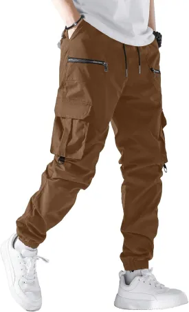 PLEPAN Men's Casual Cargo Pants Elastic Waist Drawstring Joggers Pants Tapered Sweatpants for Men Multi Pockets