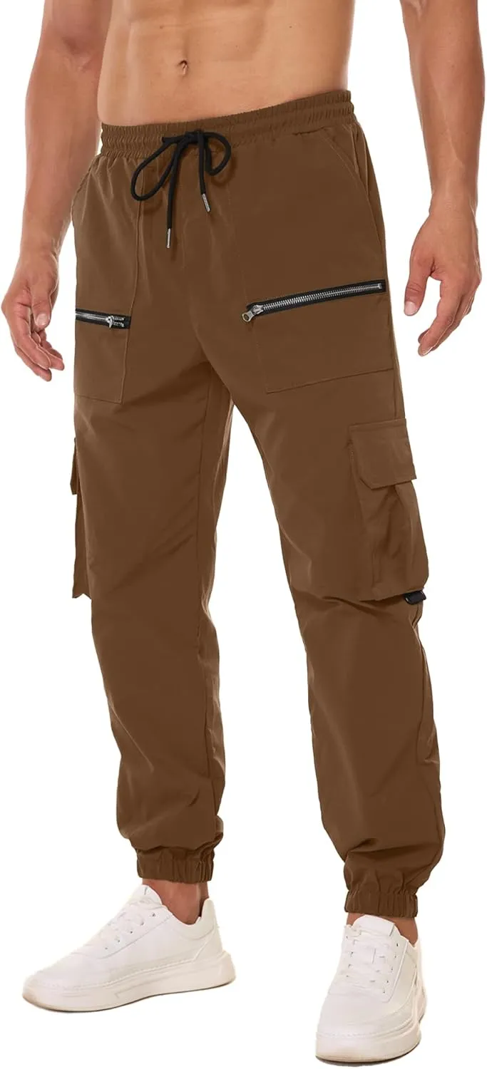 PLEPAN Men's Casual Cargo Pants Elastic Waist Drawstring Joggers Pants Tapered Sweatpants for Men Multi Pockets