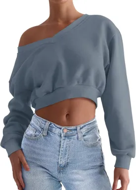 REORIA Womens Cropped Oversized Sweatshirts V Neck Long Sleeve Pullover 2024 Fall Teen Girls Y2K Fashion Crop Tops