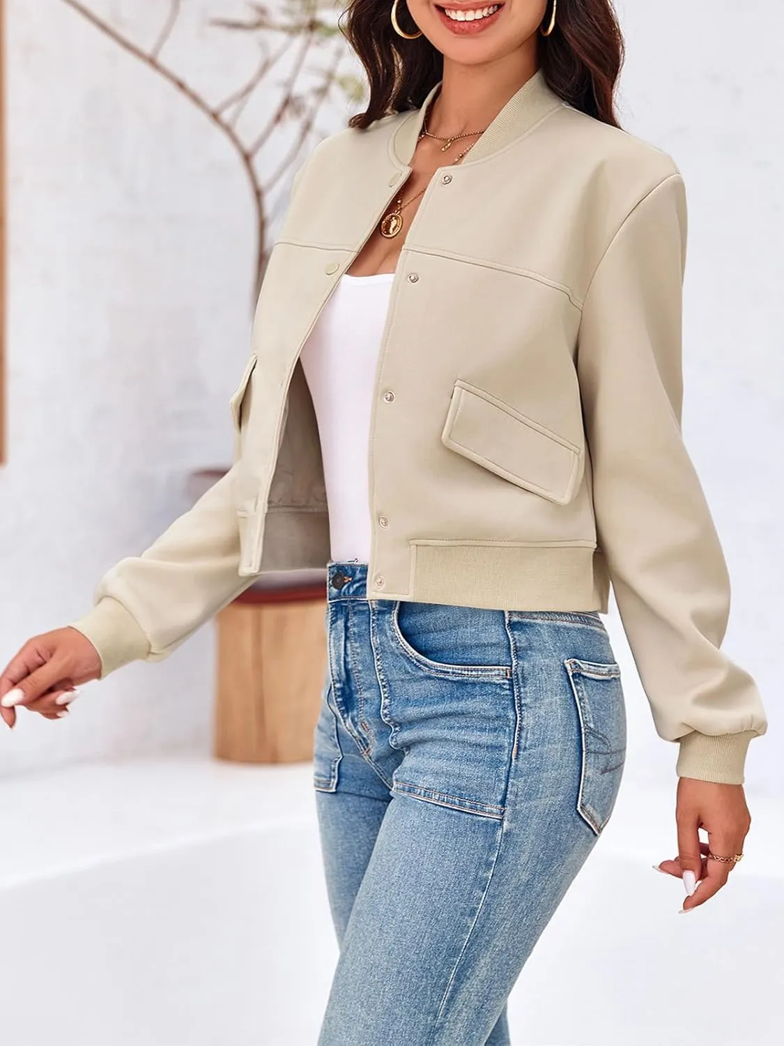 Tankaneo Womens Cropped Bomber Jackets Casual Button Down Long Sleeve Stand Collar Varsity Shacket Coats