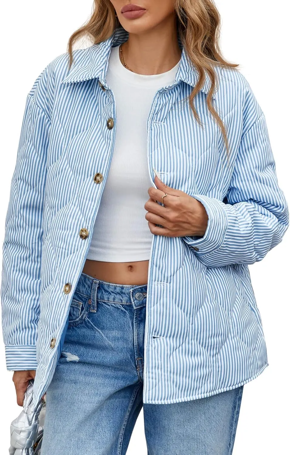 Tankaneo Womens Striped Quilted Jackets Oversized Lightweight Button Down Puffer Shackets Casual Fall Winter Outerwear