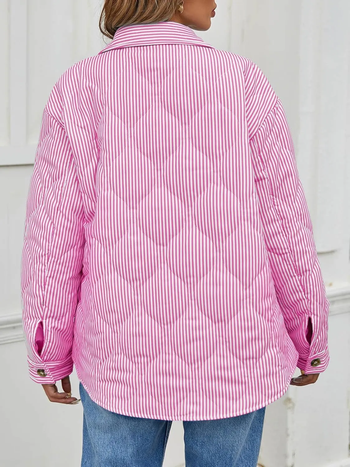 Tankaneo Womens Striped Quilted Jackets Oversized Lightweight Button Down Puffer Shackets Casual Fall Winter Outerwear