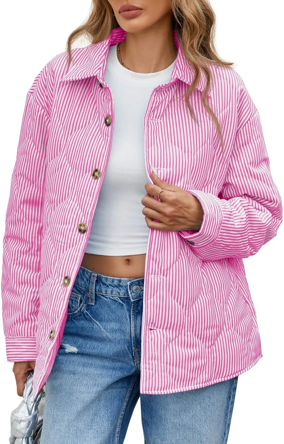 Tankaneo Womens Striped Quilted Jackets Oversized Lightweight Button Down Puffer Shackets Casual Fall Winter Outerwear