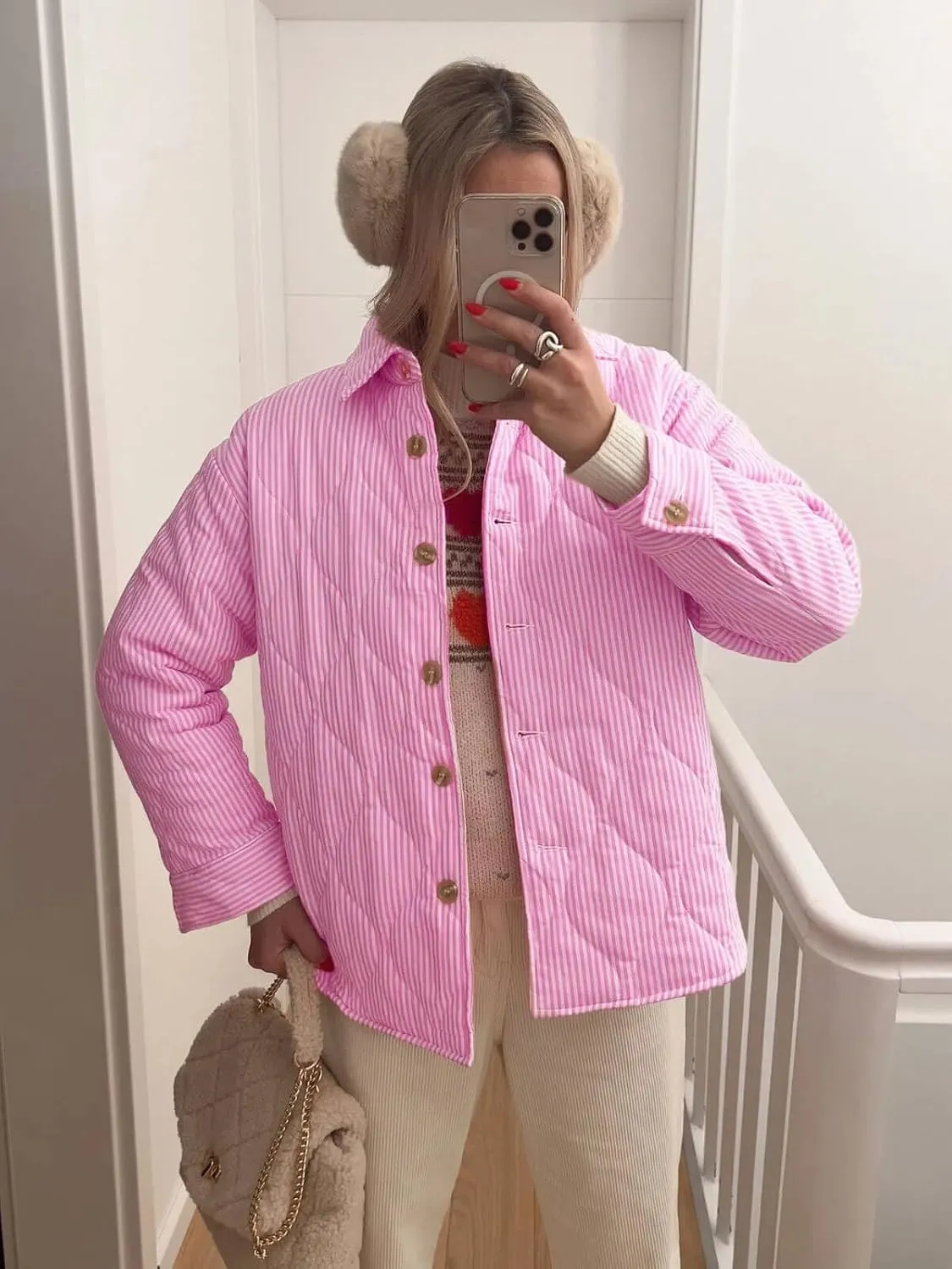 Tankaneo Womens Striped Quilted Jackets Oversized Lightweight Button Down Puffer Shackets Casual Fall Winter Outerwear