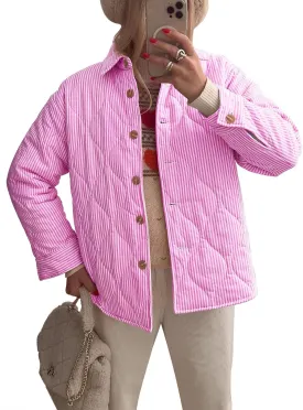 Tankaneo Womens Striped Quilted Jackets Oversized Lightweight Button Down Puffer Shackets Casual Fall Winter Outerwear