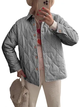 Tankaneo Womens Striped Quilted Jackets Oversized Lightweight Button Down Puffer Shackets Casual Fall Winter Outerwear