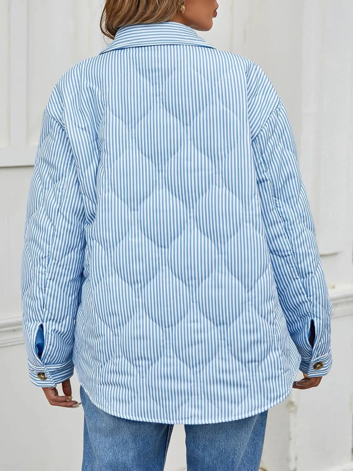 Tankaneo Womens Striped Quilted Jackets Oversized Lightweight Button Down Puffer Shackets Casual Fall Winter Outerwear
