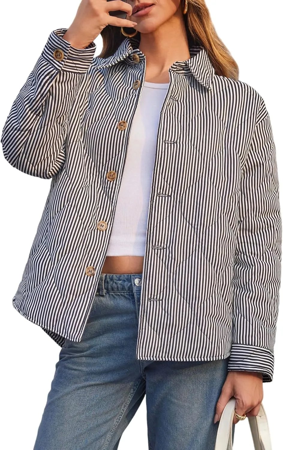 Tankaneo Womens Striped Quilted Jackets Oversized Lightweight Button Down Puffer Shackets Casual Fall Winter Outerwear