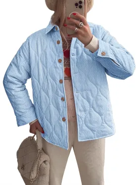 Tankaneo Womens Striped Quilted Jackets Oversized Lightweight Button Down Puffer Shackets Casual Fall Winter Outerwear