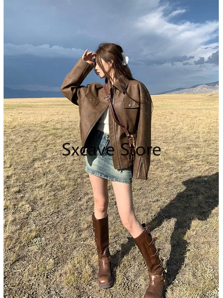 Wenkouban 2023 Autumn Vintage Leather Jackets Women Outwear Casual Long Sleeve Loose Korean Coats Office Lady Y2k Clothing Chic