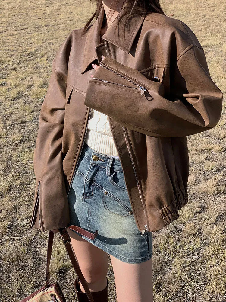 Wenkouban 2023 Autumn Vintage Leather Jackets Women Outwear Casual Long Sleeve Loose Korean Coats Office Lady Y2k Clothing Chic