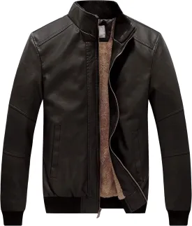 WenVen Men's Stand Collar Fleece Lined Bomber Faux Leather Jacket