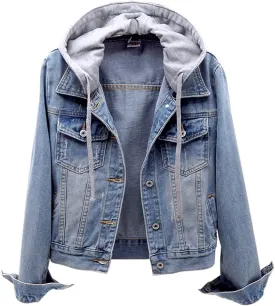Women's Casual Denim Jackets with Detachable Hood Button Down Fleece Comfort Trendy Jean Hoodies Fall Winter Tops