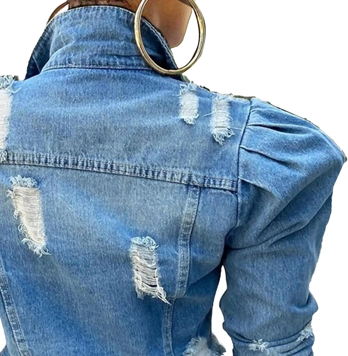 Womens Denim Jacket Puffer Sleeve Distressed Jean Jackets Trendy Frayed Hem Cropped Crop Top Outerwear
