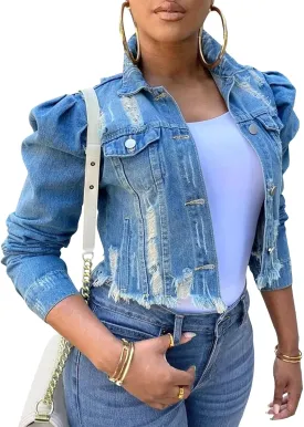 Womens Denim Jacket Puffer Sleeve Distressed Jean Jackets Trendy Frayed Hem Cropped Crop Top Outerwear