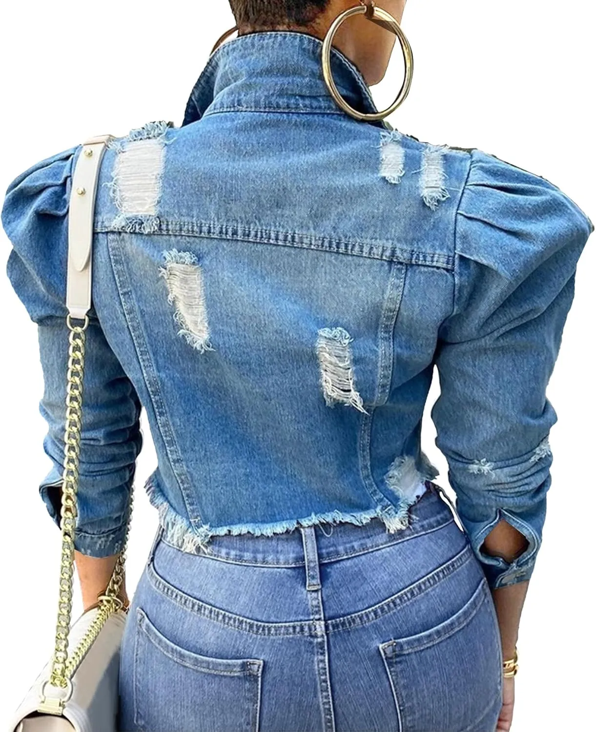 Womens Denim Jacket Puffer Sleeve Distressed Jean Jackets Trendy Frayed Hem Cropped Crop Top Outerwear
