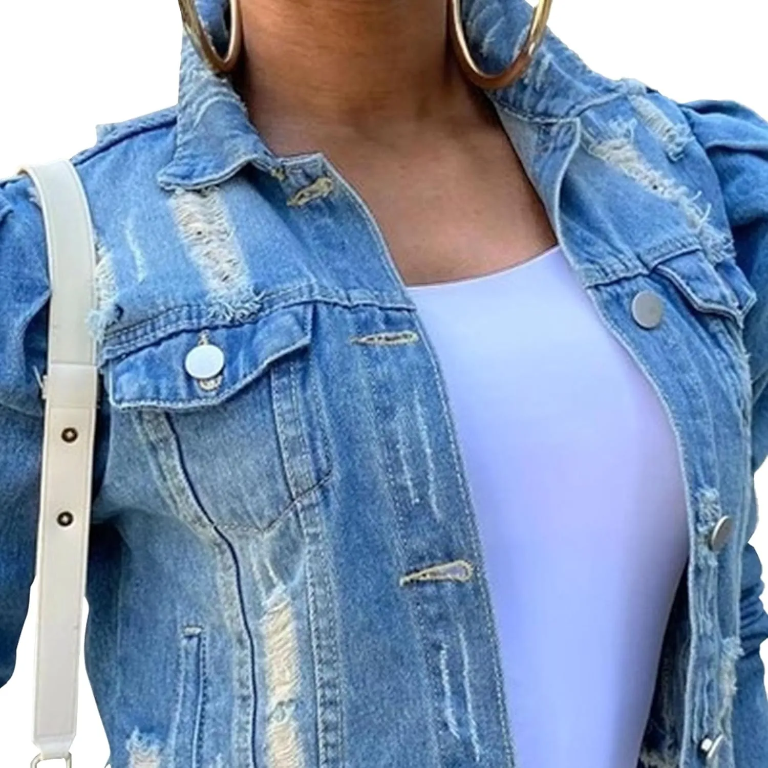 Womens Denim Jacket Puffer Sleeve Distressed Jean Jackets Trendy Frayed Hem Cropped Crop Top Outerwear