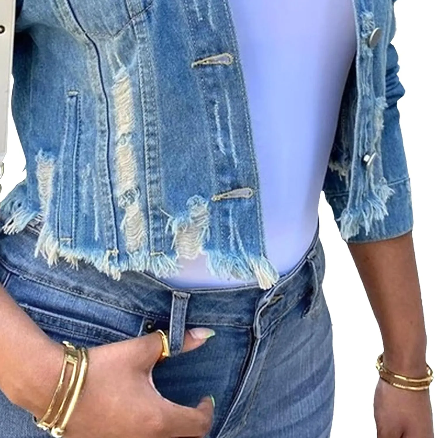 Womens Denim Jacket Puffer Sleeve Distressed Jean Jackets Trendy Frayed Hem Cropped Crop Top Outerwear