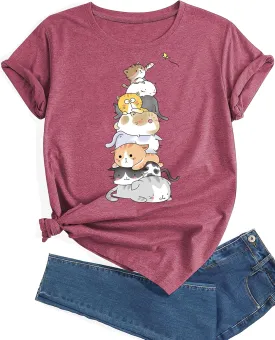 Womens Oversized Cats Short Sleeve Funny T Shirts Trendy Cute Crew Neck Workout Tee Casual Summer Tops for Women