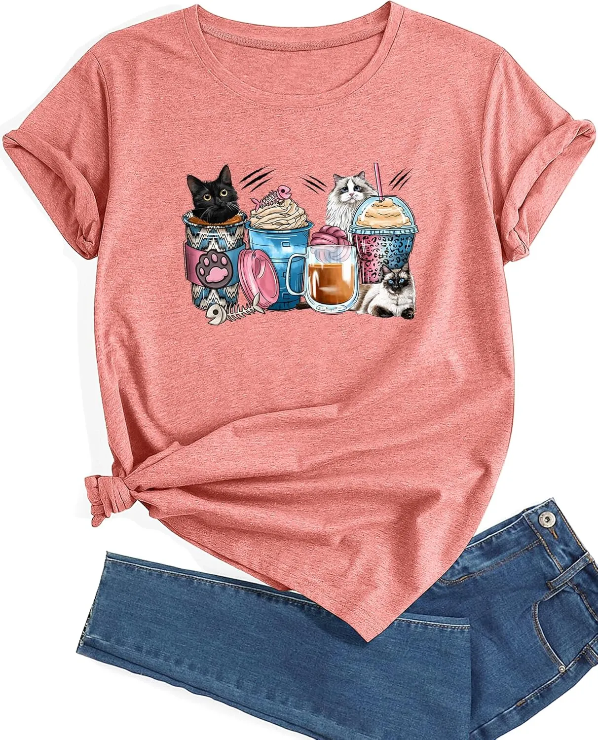 Womens Oversized Cats Short Sleeve Funny T Shirts Trendy Cute Crew Neck Workout Tee Casual Summer Tops for Women