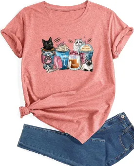 Womens Oversized Cats Short Sleeve Funny T Shirts Trendy Cute Crew Neck Workout Tee Casual Summer Tops for Women